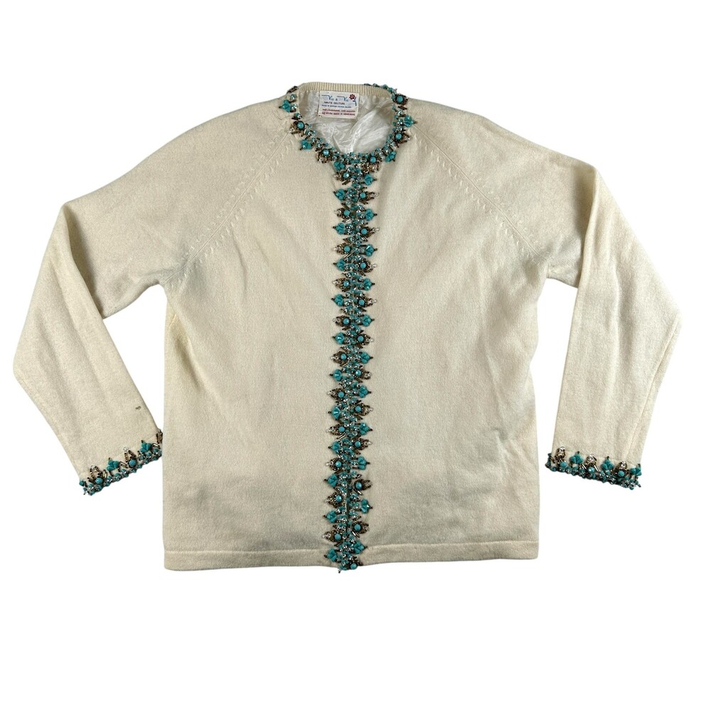 Vintage Vic & Vic Cardigan Sweater Womens Large 40 Beaded Angora Hong Kong 80s